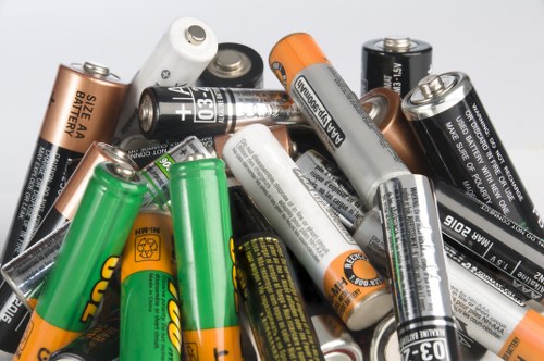 A close-up view of a mixed collection of used batteries in various sizes, shapes, and colours, including AA, AAA, C, D, and 9-volt types, scattered on a white surface. The batteries feature different branding, including rechargeable and standard types, with some showing metallic finishes, plastic casings in black, silver, green, and orange, and textured surfaces. The image highlights the diversity of batteries typically encountered in waste disposal and recycling collection, emphasizing the importance of proper rubbish removal for electronic waste in an urban environment, such as the Barbican area in London. The background is neutral, focusing solely on the batteries to illustrate waste management requirements and the need for responsible disposal of household battery rubbish, relevant to commercial waste services provided by companies like Commercial Waste Barbican.