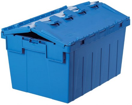 A large, rectangular blue plastic rubbish bin with a partially open hinged lid, situated outdoors on a paved surface. The bin has a textured finish with vertical grooves along its sides and is designed for waste collection. The lid appears to be made of similar durable plastic, with latches and hinges visible at the back. It is positioned against a neutral background, possibly in a residential or commercial area within Barbican, London, with natural daylight illuminating the scene. The surroundings suggest an environment suitable for waste removal services, such as rubbish collection from a property or business premises, and indicates the type of container used by Commercial Waste Barbican for rubbish disposal and collection. The image emphasizes the sturdy construction of the bin, relevant for waste management in urban areas of the postcode area.